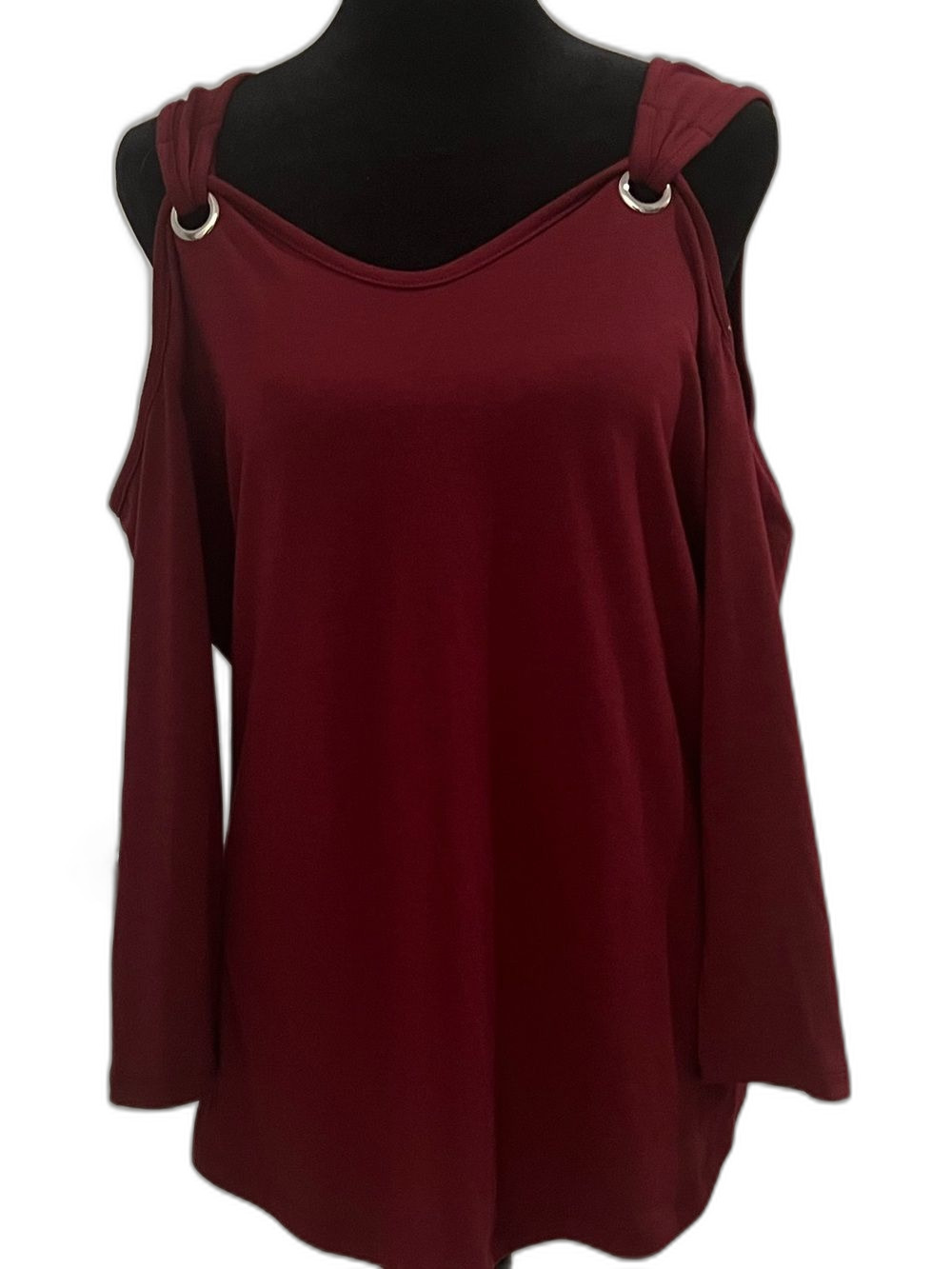 Minetom Burgundy Cold Shoulder O-Ring Long Sleeve Top M